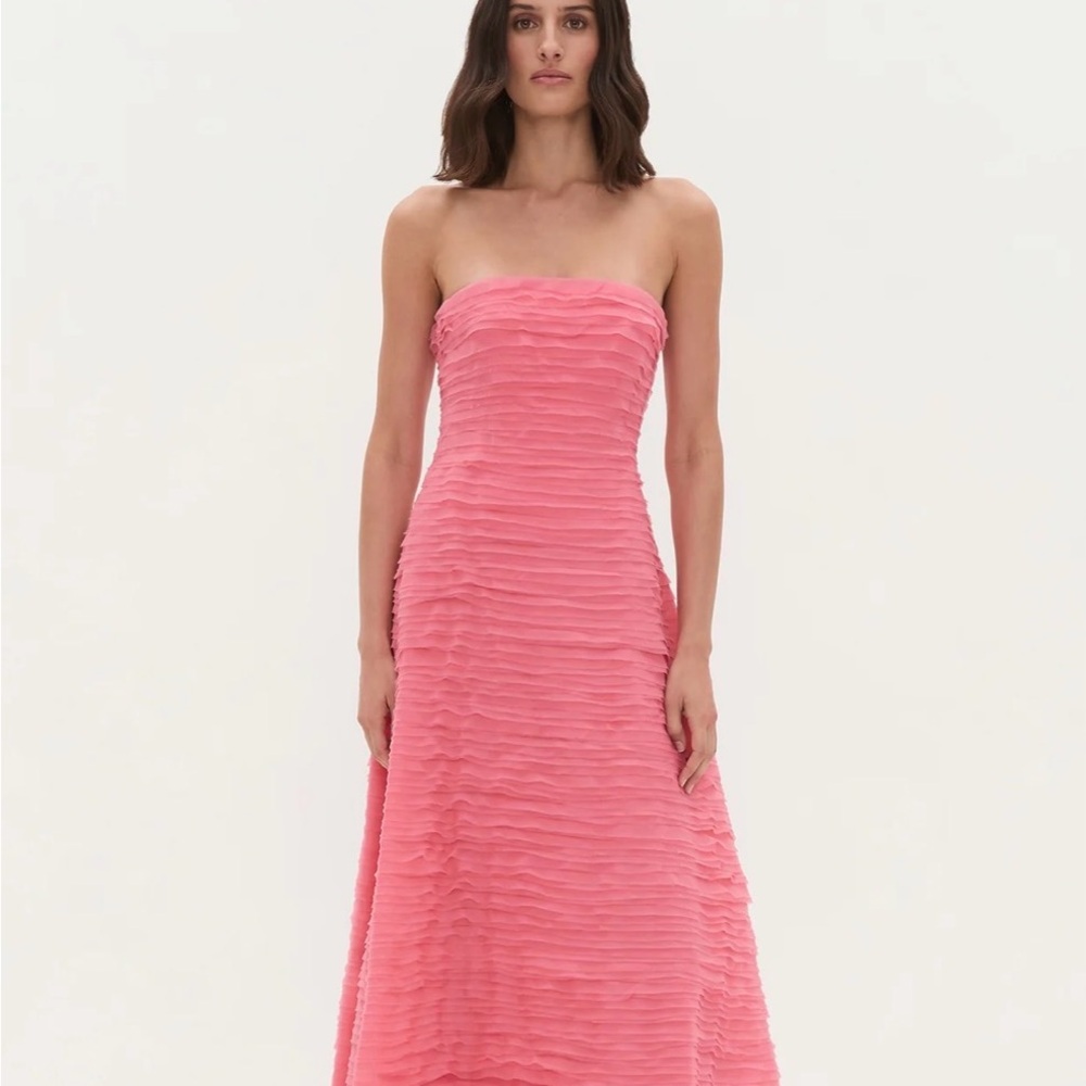 Aje Soundscape Guava Pink Strapless Ruffle A-Line Gown
